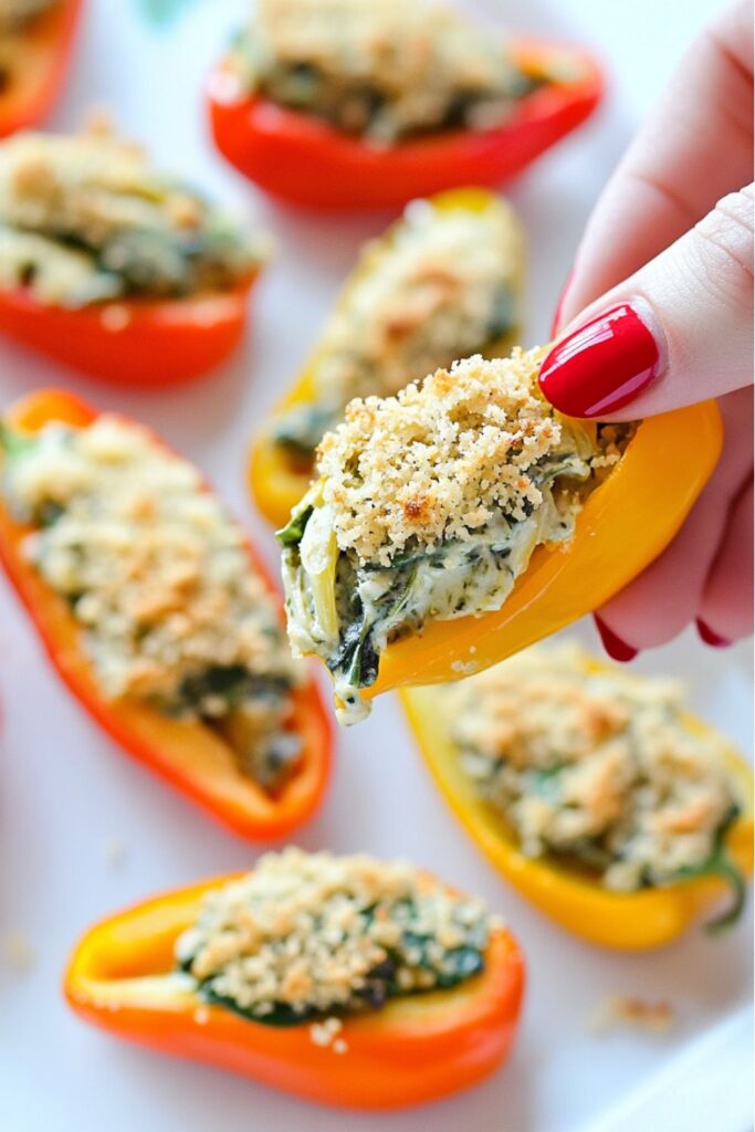 A platter of colorful mini bell peppers stuffed with a spinach and artichoke filling, topped with crispy panko crumbs, creating a festive appetizer perfect for a Christmas party spread.