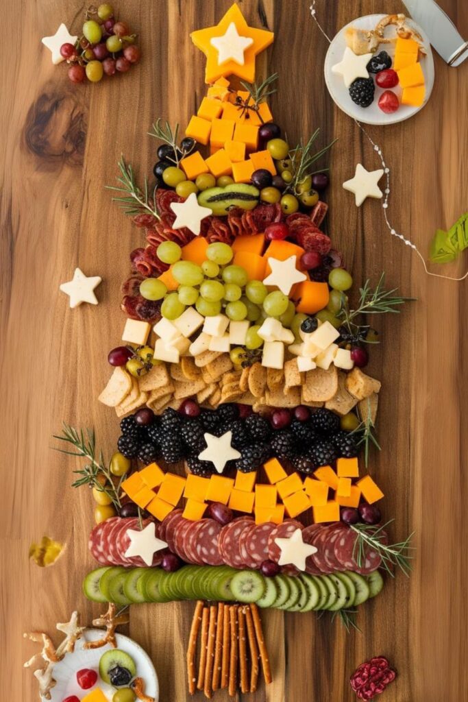 A Christmas tree-shaped charcuterie board featuring layers of cheese, grapes, blackberries, salami, cucumber slices, and pretzels. Garnished with rosemary sprigs and cheese stars, it’s a vibrant and festive addition to a holiday buffet.