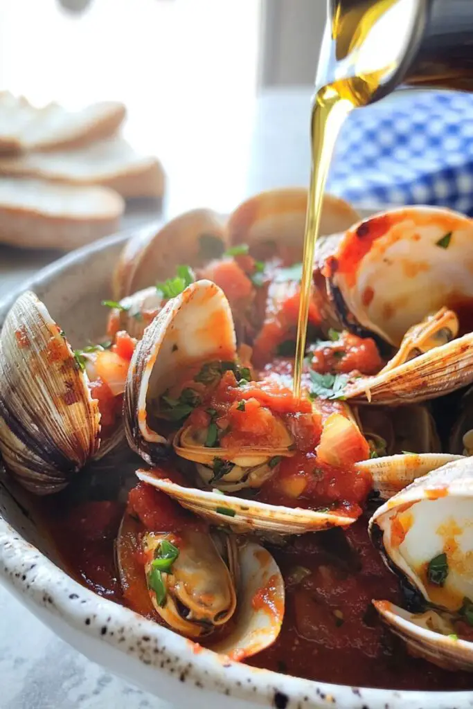 Clams in a savory red tomato sauce, garnished with parsley, being served as part of a traditional Italian Christmas Eve dinner. The dish highlights the rich flavors of fresh seafood, making it a staple for the feast of 7 fishes Italian Christmas celebration.