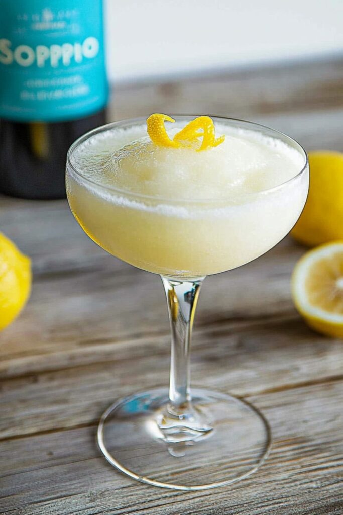 Italian Sgroppino cocktail made with Prosecco, vodka, and lemon sorbet, served in a coupe glass with a lemon twist, ideal for holiday celebrations.