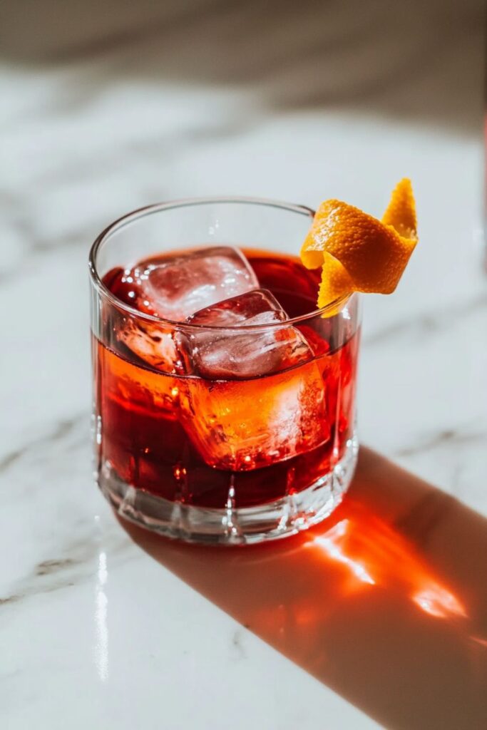 A Classic Negroni cocktail in a short glass with ice, garnished with an orange peel, served on a light marble surface.