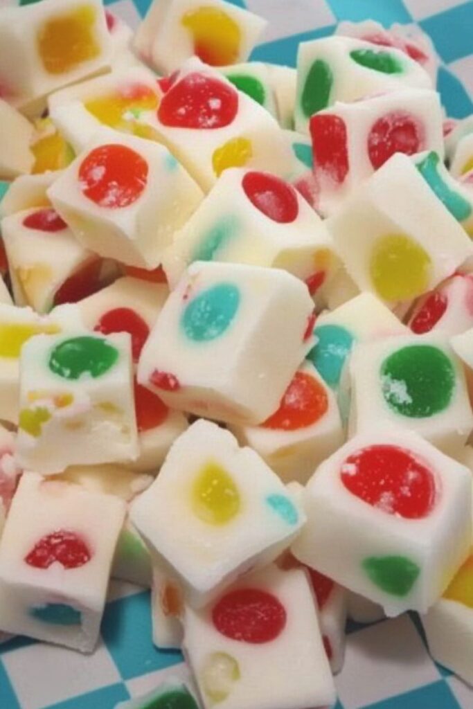 Close-up of a slab of Italian torrone candy with vibrant jelly pieces embedded in a creamy white nougat, creating a colorful and festive appearance.