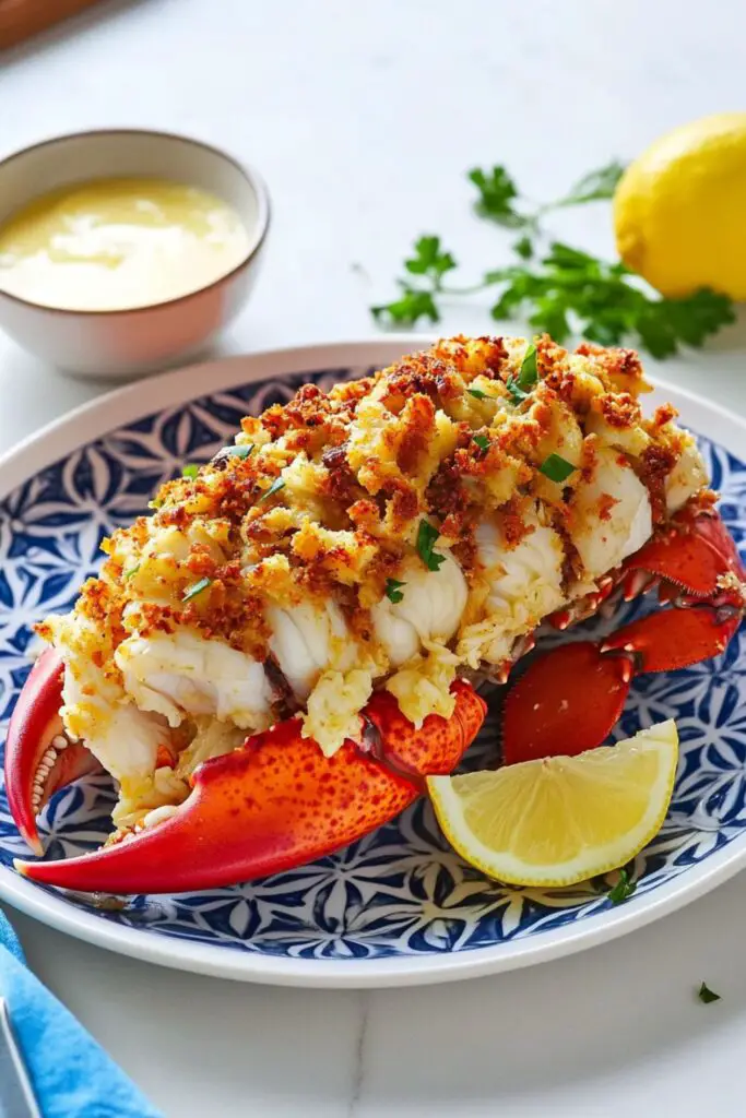 Crab-stuffed lobster tail served on a blue plate with a lemon wedge, topped with a crispy breadcrumb and crabmeat mixture, perfect for an Italian Christmas Eve seafood dish as part of the feast of 7 fishes Italian Christmas tradition.