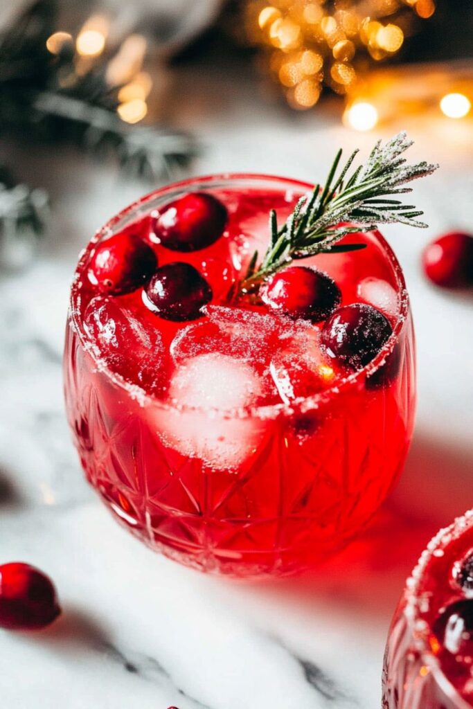 A festive Cranberry Limoncello Spritz garnished with fresh cranberries and rosemary in a crystal glass, perfect for Christmas celebrations.