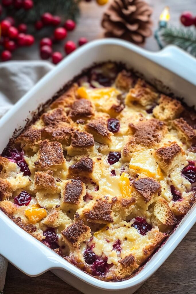 A golden-brown Cranberry Orange Panettone Bread Pudding in a white baking dish, adorned with dried cranberries and served alongside fresh lemons, perfect for holiday gatherings.