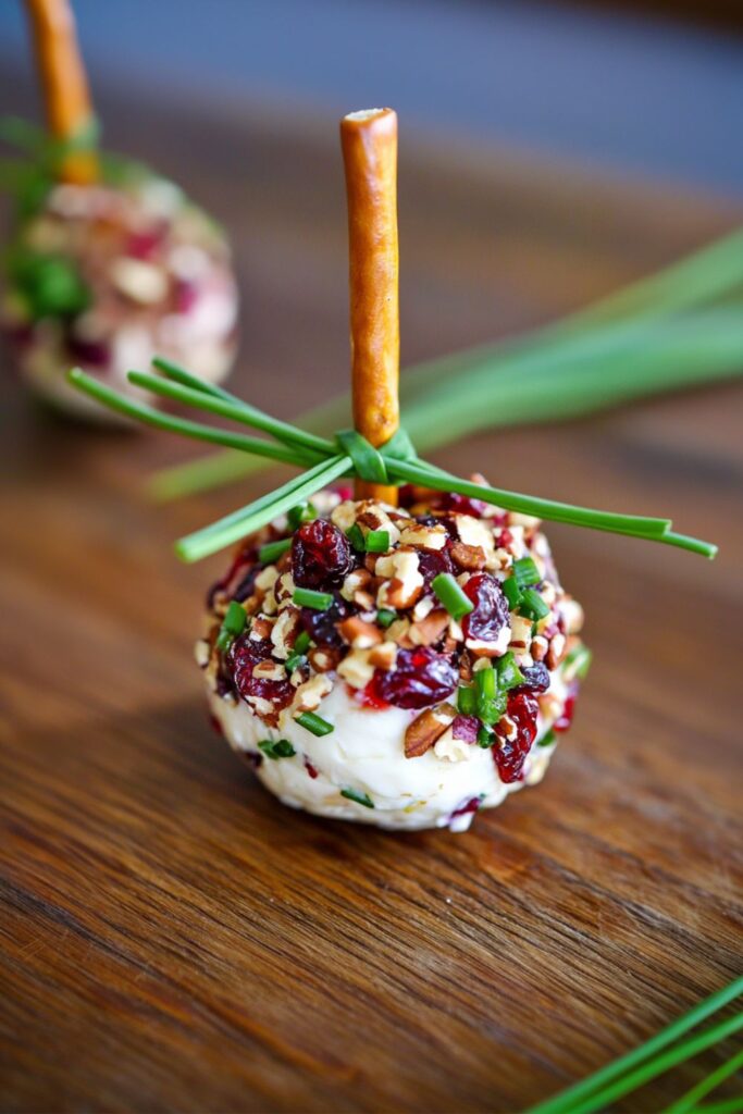 A mini cheese ball bite coated in cranberries, pecans, and fresh chives, topped with a pretzel stick and tied with a chive bow, perfect for a festive Christmas Party Buffet.