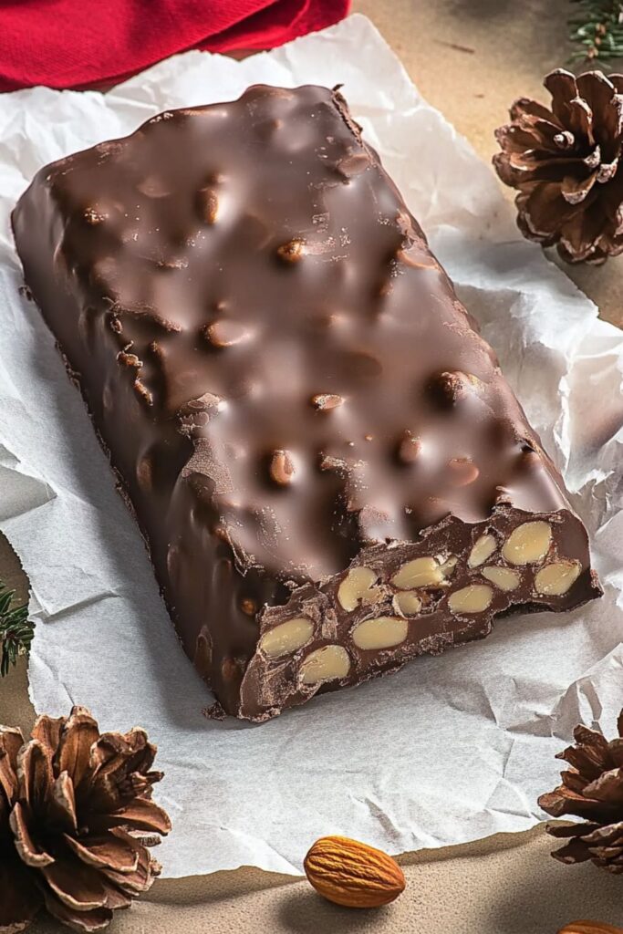 Creamy Italian chocolate torrone filled with toasted hazelnuts, displayed on parchment paper, with pieces cut to show the rich chocolate and nutty interior, perfect for holiday gatherings.