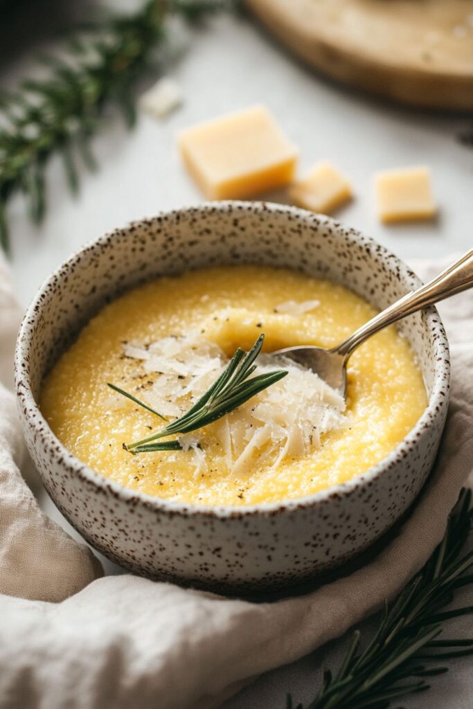 A bowl of creamy polenta topped with rosemary, perfect as a side dish for an Italian Christmas dinner for two.