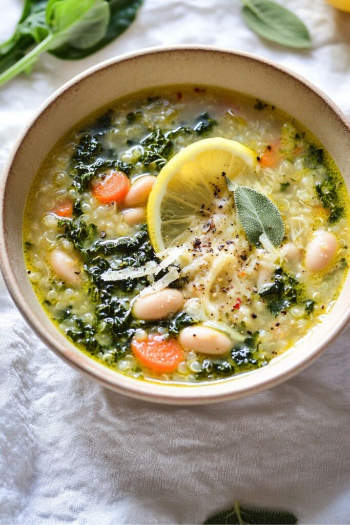 Crockpot Tuscan white bean soup with lemon, kale, and carrots in a comforting broth