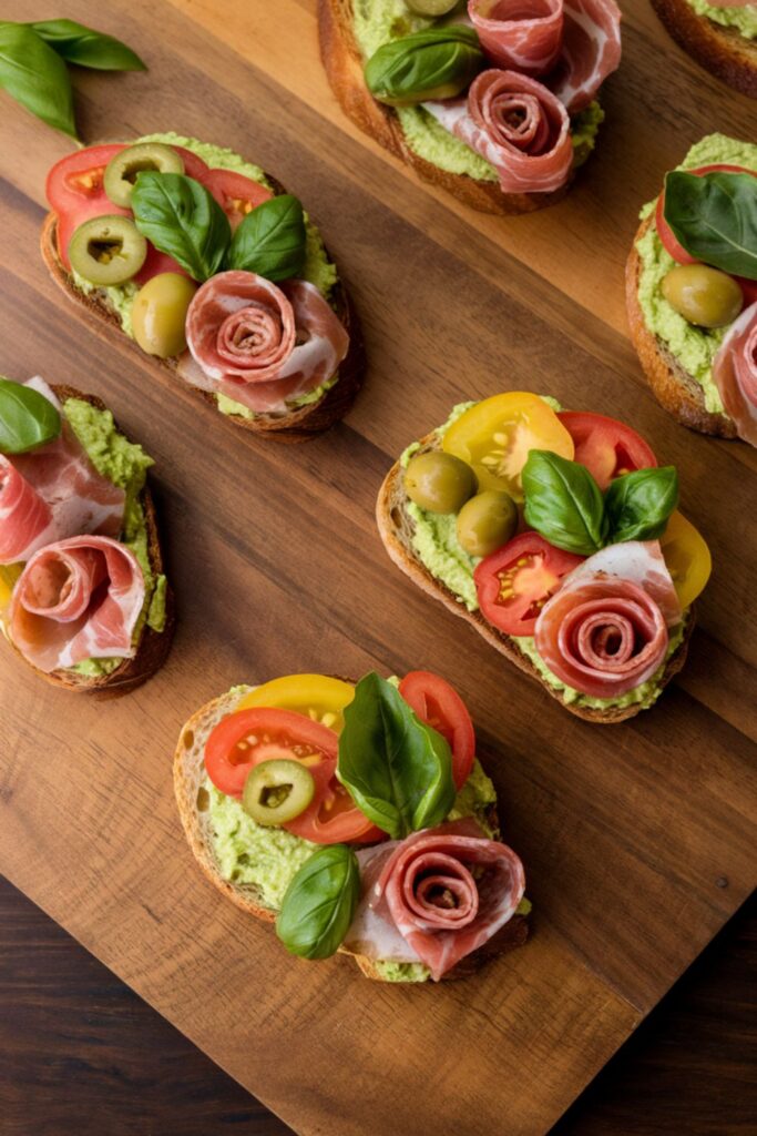 A wooden board featuring several toasted crostini slices topped with pesto, sliced tomatoes, olives, fresh basil leaves, and prosciutto roses, making a colorful and festive appetizer for a Christmas party buffet.