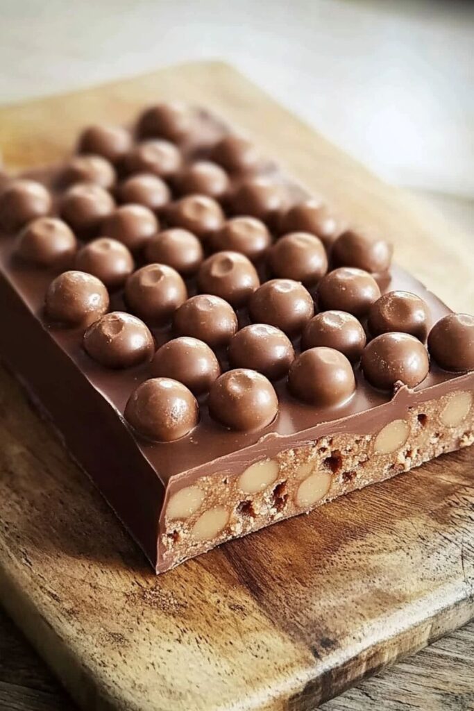 Slices of crunchy chocolate nougat filled with malted chocolate balls on a wooden cutting board, showcasing a rich and dense chocolate layer with airy, crispy textures.