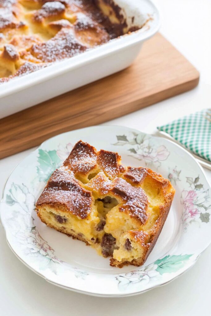 A slice of Panettone Bread Pudding drizzled with creamy amaretto sauce, presented on a festive plate with a fork, showcasing a rich, custard-like texture and a golden-brown top.