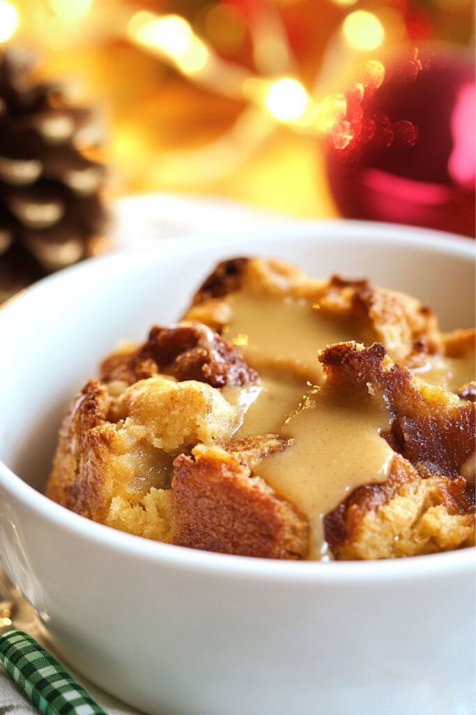 A bowl of Eggnog Panettone Bread Pudding topped with a creamy brown butter sauce, surrounded by festive decorations, creating a cozy holiday atmosphere.