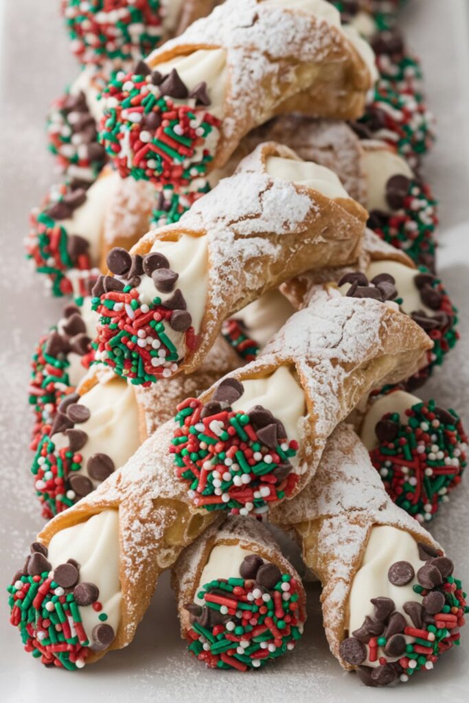 A festive display of cannoli filled with ricotta cream, dusted with powdered sugar, and decorated with red, green, and white holiday sprinkles. These traditional Italian Christmas pastries are a sweet and colorful addition to any Christmas dessert table.