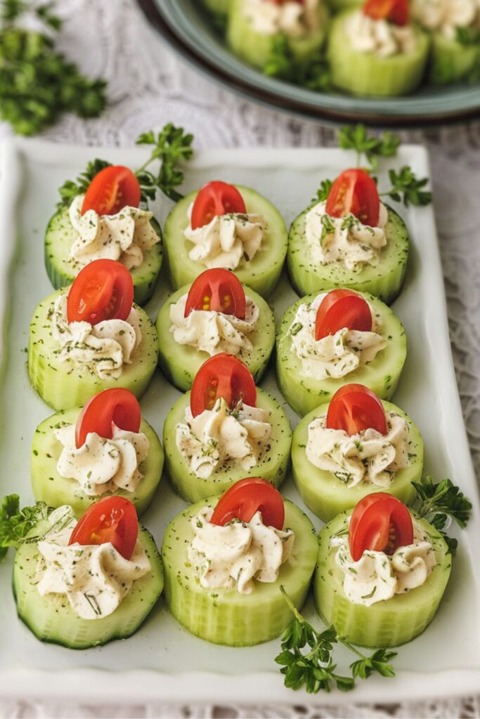 Fresh cucumber slices topped with seasoned cream cheese and halved cherry tomatoes, arranged on a white plate, garnished with parsley for a festive Christmas party buffet.