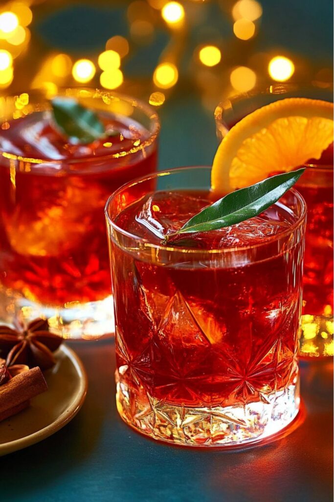 Three glasses of festive Italian Negroni cocktails garnished with orange slices and bay leaves, served over ice on a holiday-themed table setting.