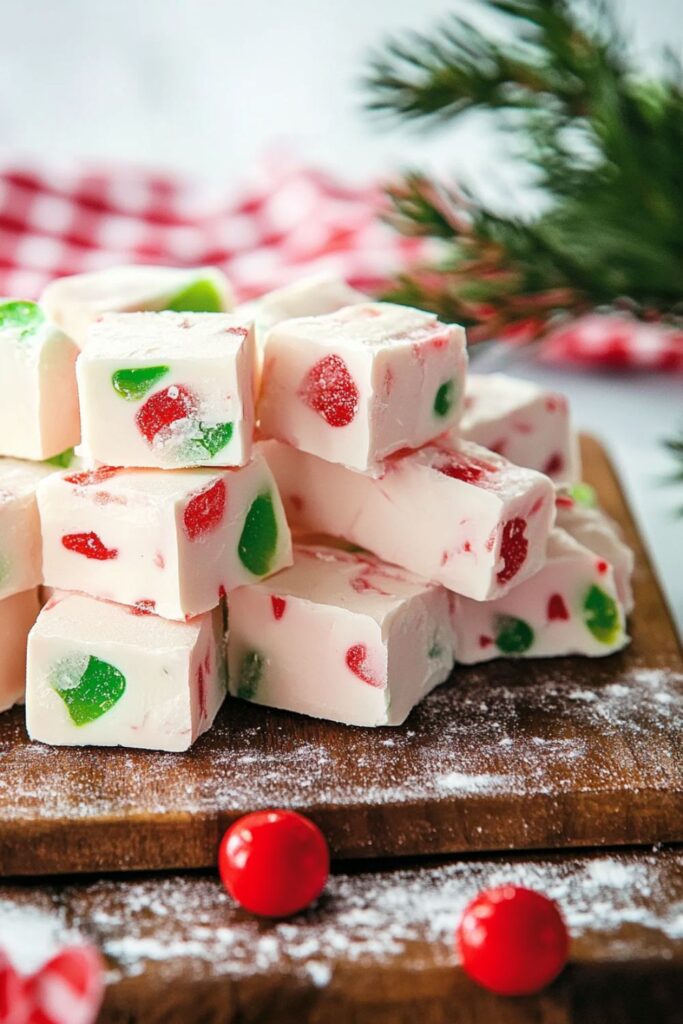 Close-up of stacked pink Italian nougat candy with green and red gumdrops, showcasing a festive and colorful holiday treat.