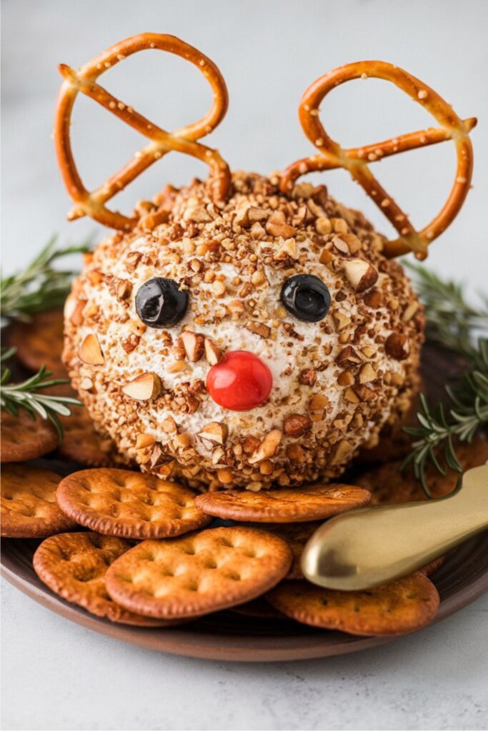 Rudolph-themed cheese ball decorated with pretzel antlers, black olive eyes, and a cherry tomato nose, surrounded by crackers for a festive Christmas party buffet.