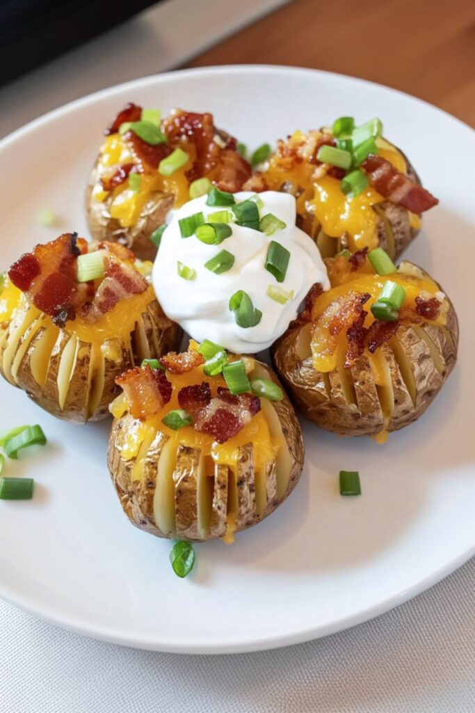 Mini Hasselback potatoes topped with melted cheese, sour cream, crumbled bacon, and chopped green onions. These crispy, loaded bites make a perfect appetizer for a Christmas party or holiday buffet.