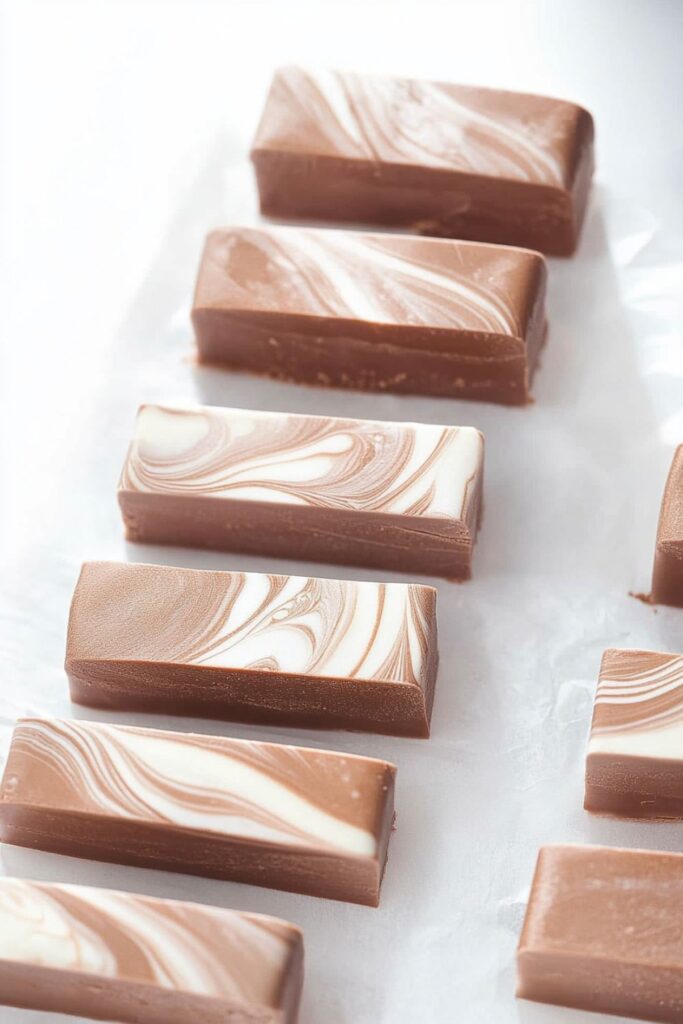 Smooth and fluffy Nutella chocolate nougat bars with a marbled effect, arranged on parchment paper, showcasing a creamy texture and rich chocolate hazelnut flavor.