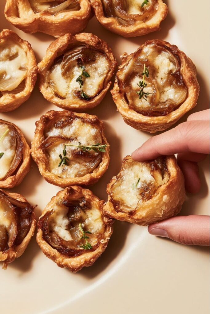 Mini French onion soup bites made with caramelized onions, Gruyère cheese, and buttery crescent dough. These golden appetizers are topped with fresh thyme, making them a tasty and elegant finger food for a Christmas party spread.