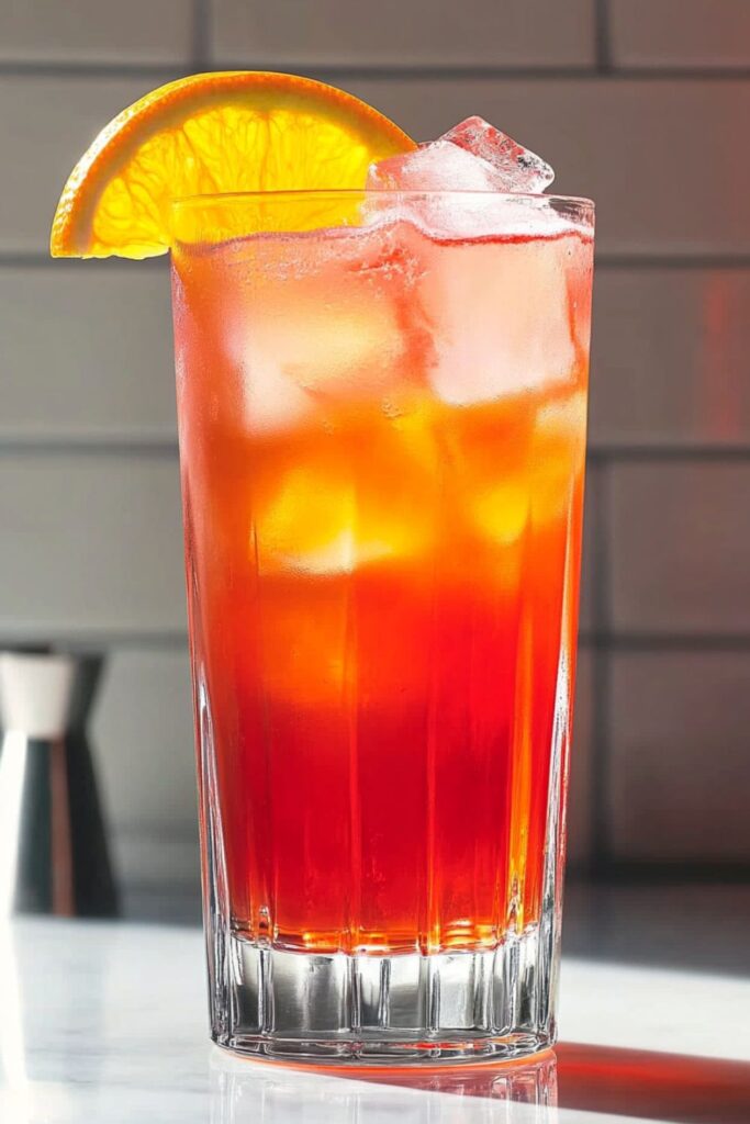 A vibrant Garibaldi cocktail served in an etched Collins glass, featuring a frothy orange-red mix of Campari and orange juice, garnished with a slice of orange. The drink is set against a light gray tiled background, emphasizing its refreshing appeal.