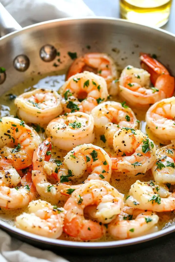 A pan of garlic butter shrimp garnished with parsley, served as part of an Italian Christmas Eve dinner, highlighting the traditional seafood dishes commonly enjoyed during this festive meal.