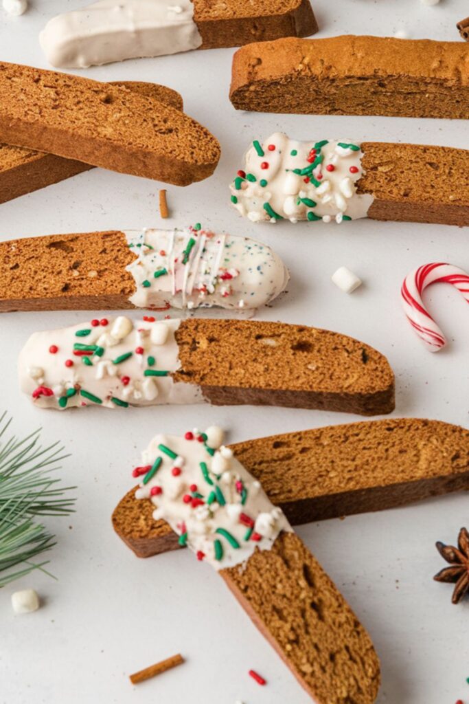 A selection of gingerbread biscotti, some dipped in white chocolate and decorated with festive sprinkles, placed next to a mug of hot chocolate, representing a fun and festive Italian Christmas treat.