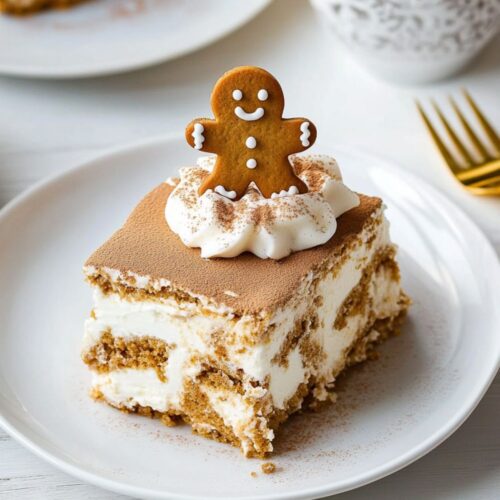 A slice of gingerbread tiramisu topped with a gingerbread cookie, served on a white plate with a cup of coffee, showcasing a festive holiday dessert.