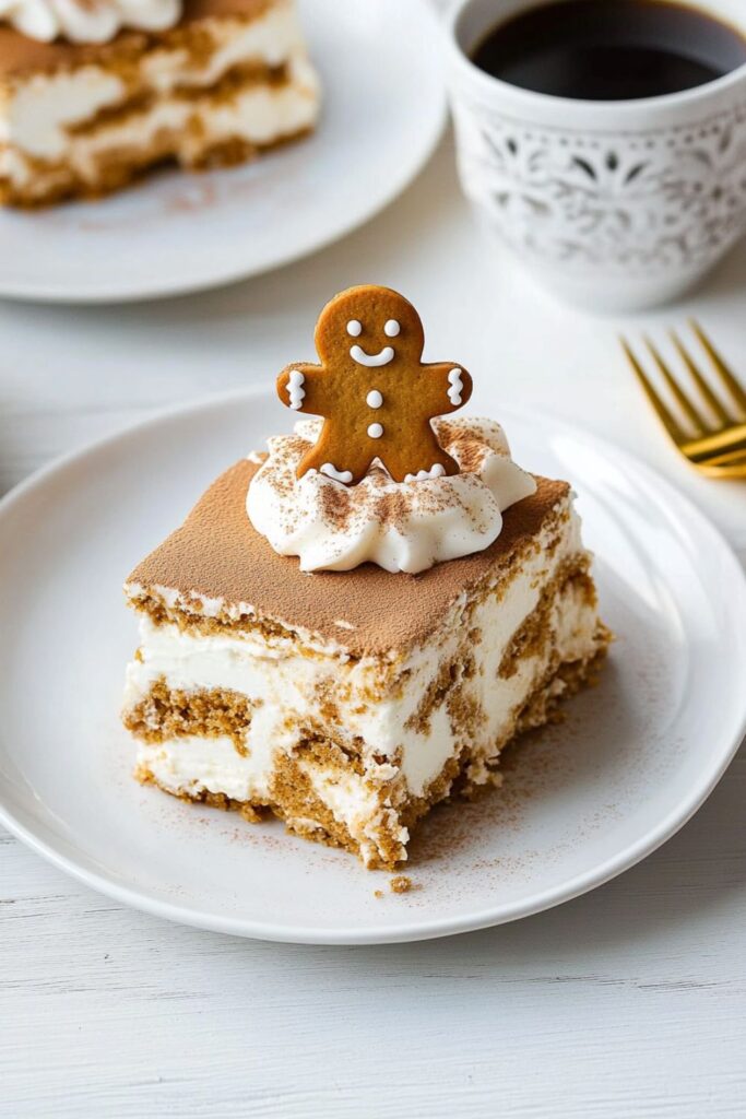 A slice of gingerbread tiramisu topped with a gingerbread cookie, served on a white plate with a cup of coffee, showcasing a festive holiday dessert.