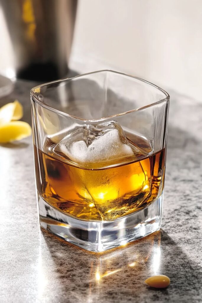 A Godfather cocktail served in a short glass, featuring a whiskey and amaretto blend with a large ice cube. The drink has a rich amber hue, accompanied by fresh lemons on the side, highlighting its Italian roots.