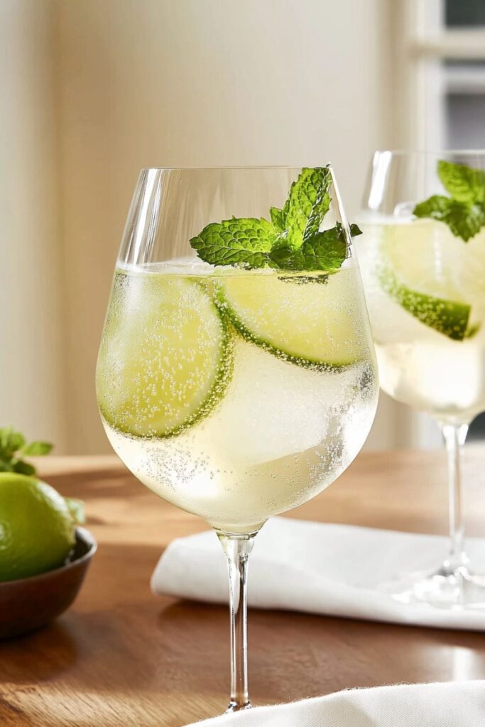 A refreshing Hugo Cocktail with slices of lime and fresh mint leaves, served in a clear glass. The drink features a sparkling and bubbly appearance, indicating a delightful mix of flavors.