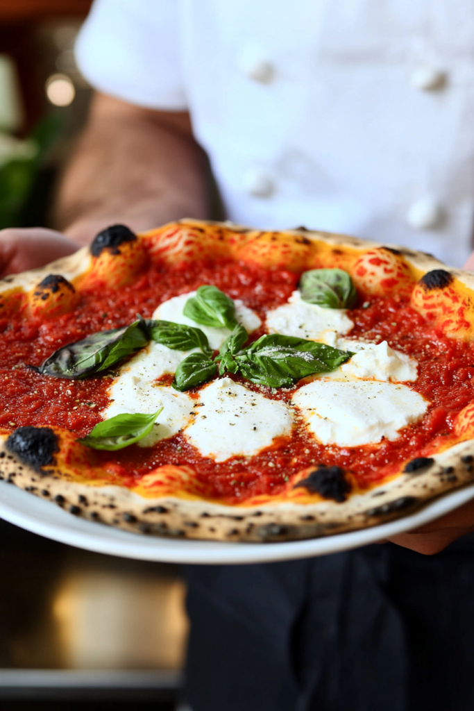 A freshly baked Margherita pizza being held by a chef, showcasing its vibrant red tomato sauce, creamy mozzarella cheese, and fresh basil leaves on a perfectly charred crust, representing a classic Italian dish.