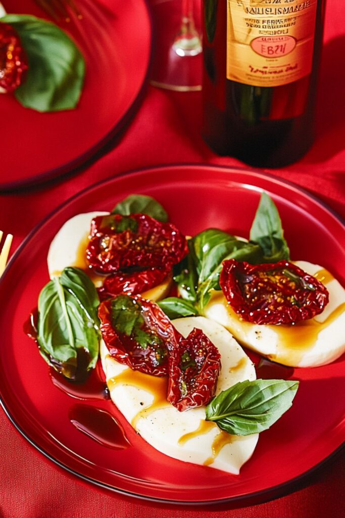 Sun-dried tomato caprese salad with mozzarella, basil, and olive oil on red plates, perfect for a festive Christmas dinner for two.