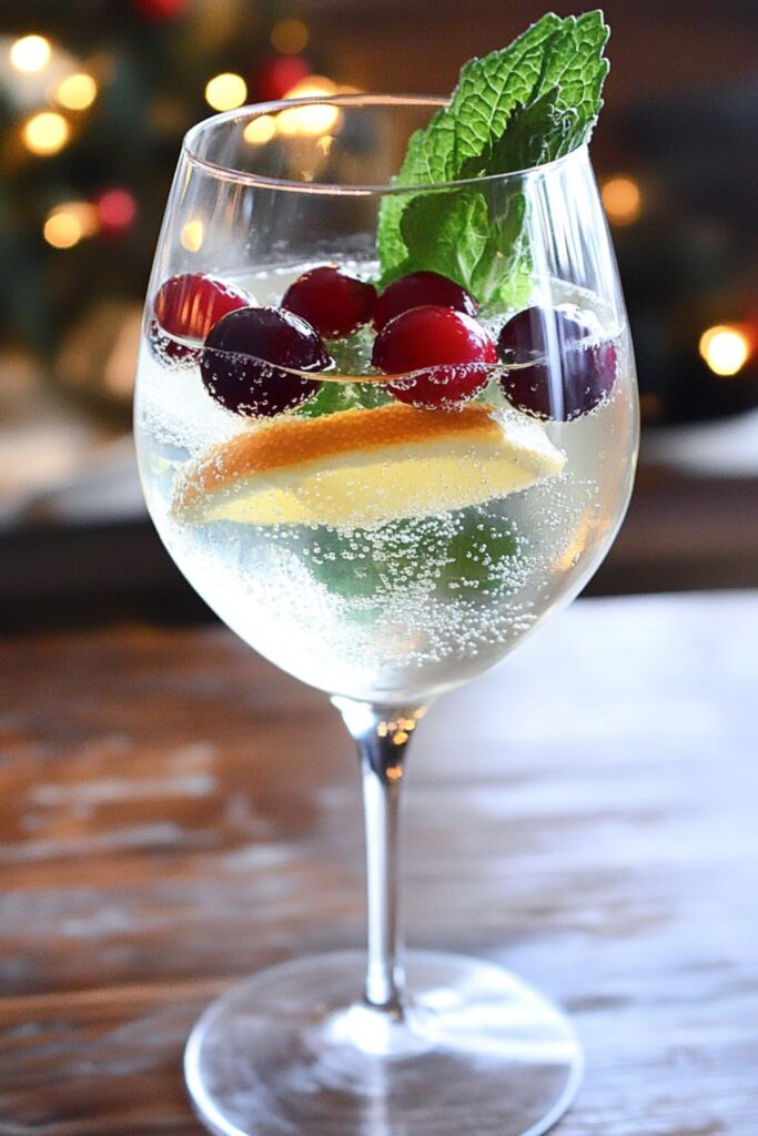 A festive Hugo spritzer cocktail in a wine glass, garnished with fresh mint leaves, cranberries, and an orange slice, perfect for a Christmas celebration with Italian-inspired flavors.