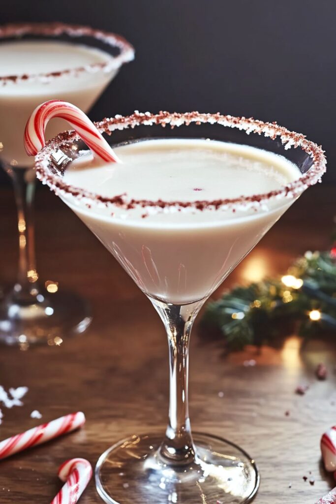 Festive peppermint martini with a chocolate and crushed candy cane rim, served in a martini glass, perfect for a Christmas-themed cocktail.