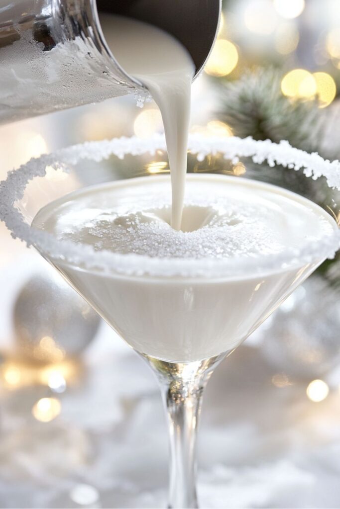 White chocolate martini being poured into a sugar-rimmed glass, perfect for an Italian-inspired Christmas cocktail with a creamy and festive twist.