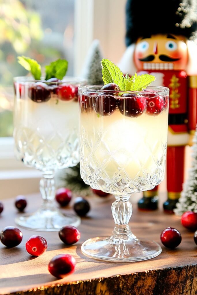 Festive Italian Christmas cocktail with limoncello and cranberries, garnished with mint, served in a crystal glass with a nutcracker figurine in the background.