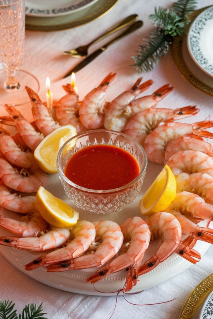 Platter of shrimp cocktail with lemon wedges and cocktail sauce, a refreshing start to a seafood-inspired Italian Christmas dinner for two.