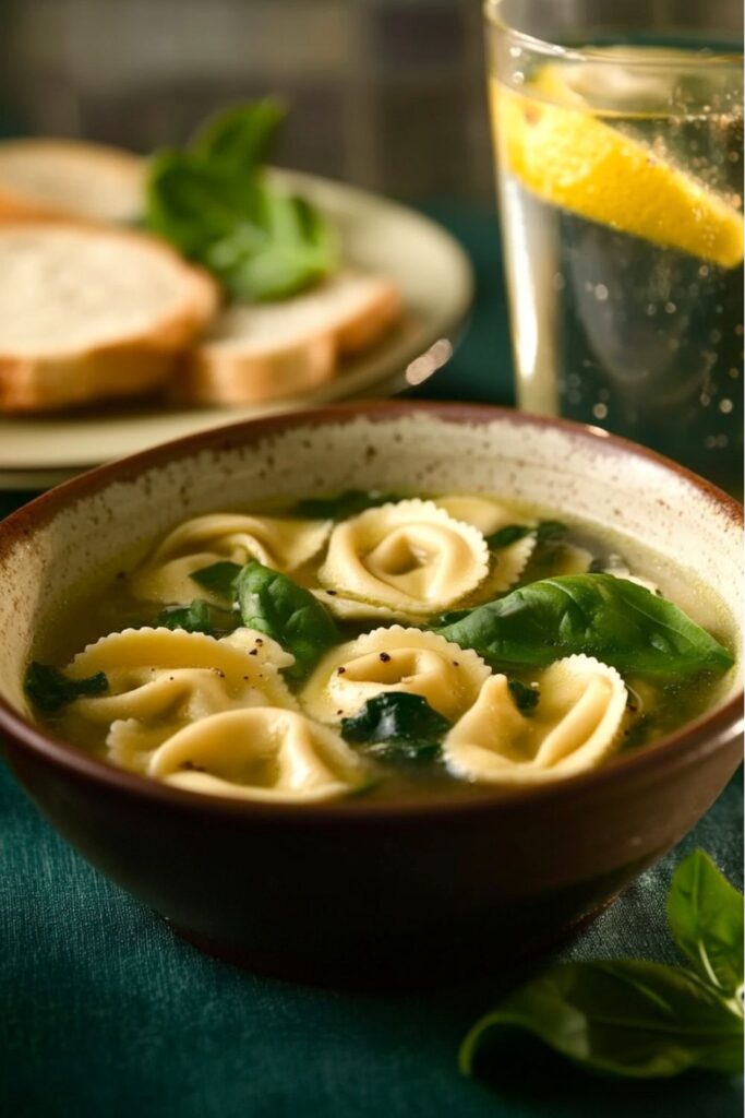 Bowl of tortellini in broth with spinach, ideal for an intimate Italian Christmas dinner for two.