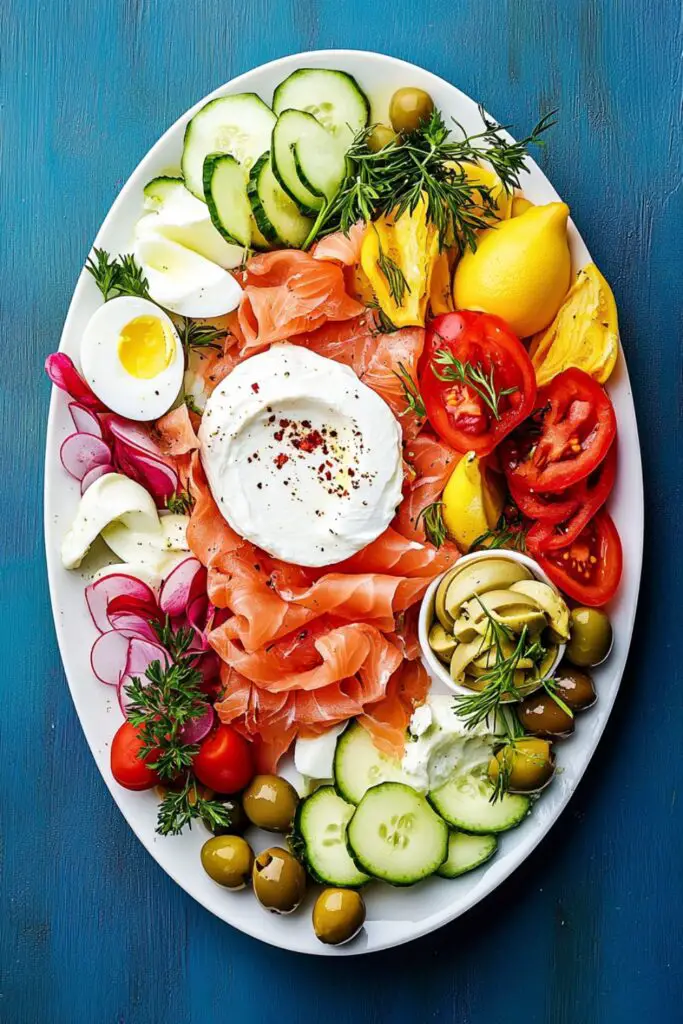 A beautifully arranged antipasto platter featuring smoked salmon, creamy cheese, boiled eggs, marinated artichokes, cucumbers, radishes, olives, and fresh herbs, perfect for an Italian Christmas Eve appetizer.