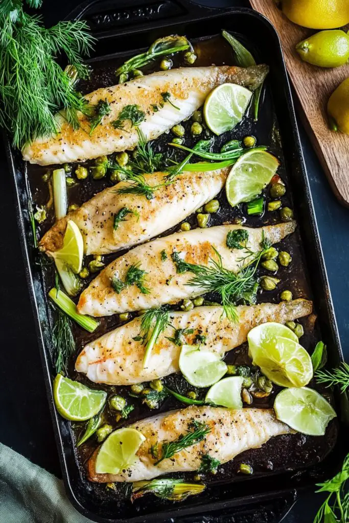 Baked sole fillet garnished with fresh dill, capers, and lemon slices, perfectly suited for a traditional Italian Christmas Eve dinner fish dish.