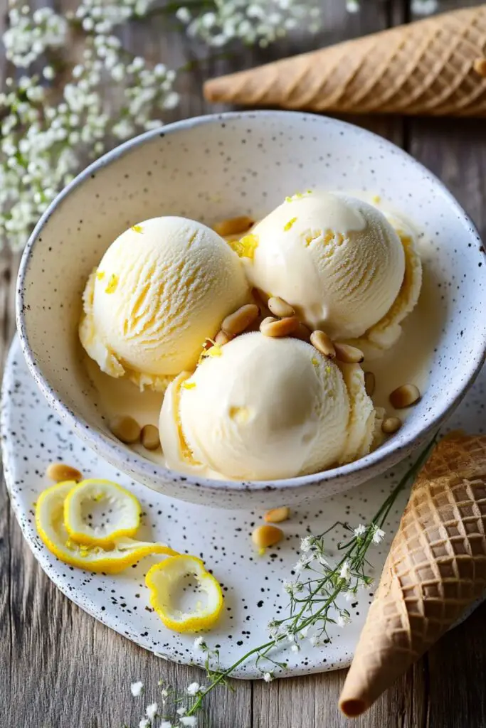 Delicious lemon ice cream scoops in a bowl, garnished with toasted pine nuts and surrounded by lemon slices. A perfect Italian Christmas Eve dessert option to end the traditional Italian Christmas Eve dinner on a refreshing note.