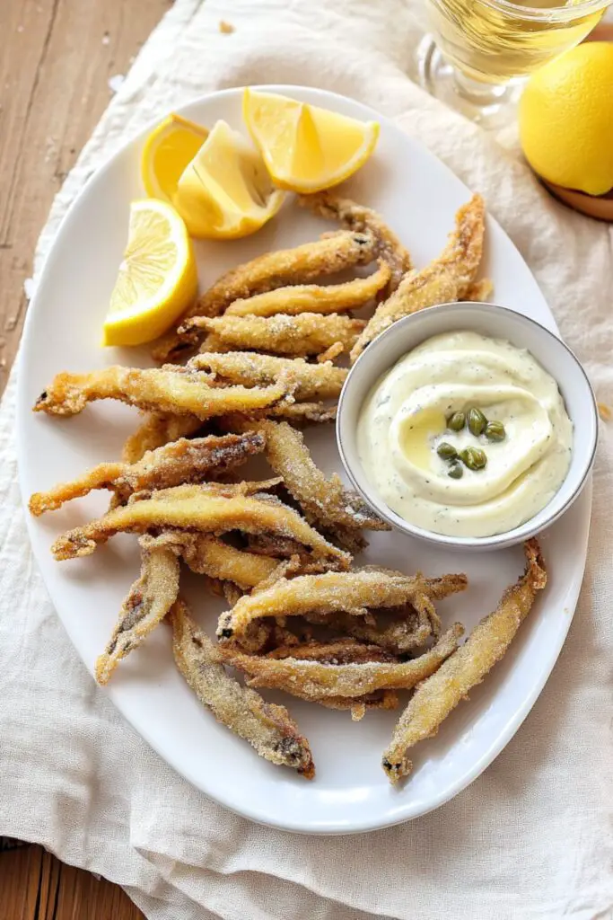 Plate of light and crispy fried smelt served with lemon wedges and a creamy dipping sauce, representing a traditional Italian Christmas Eve dinner dish.