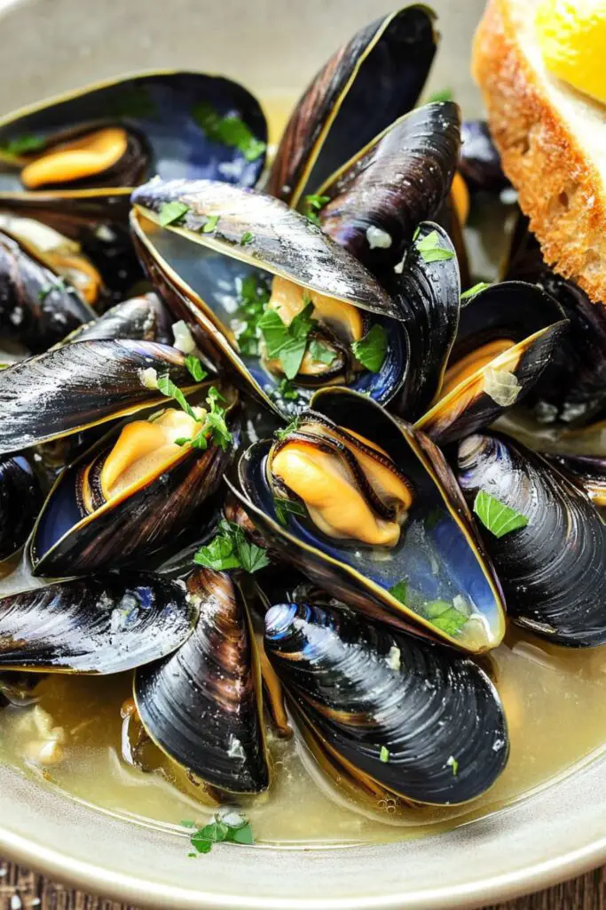 Steamed mussels served in a light garlic and white wine broth, garnished with fresh parsley. A perfect dish for a traditional Italian Christmas Eve dinner with a focus on seafood.