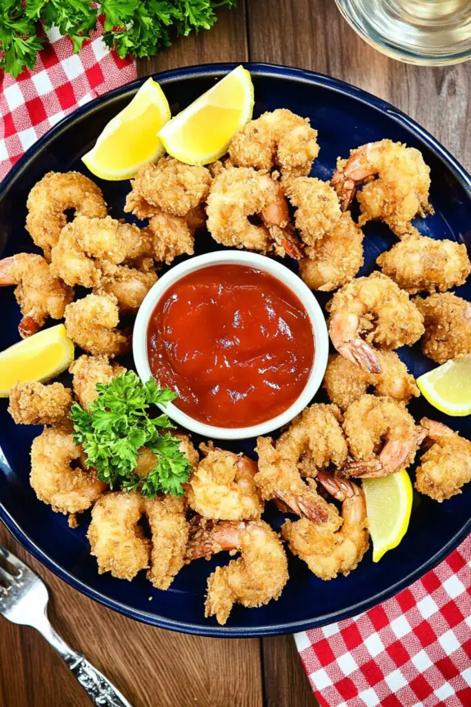 Plate of crispy fried shrimp served with lemon wedges and a tangy dipping sauce, surrounded by fresh parsley. This dish is a perfect Italian Christmas Eve appetizer, embodying the flavors of traditional Italian Christmas Eve dinner with its light, flavorful coating.