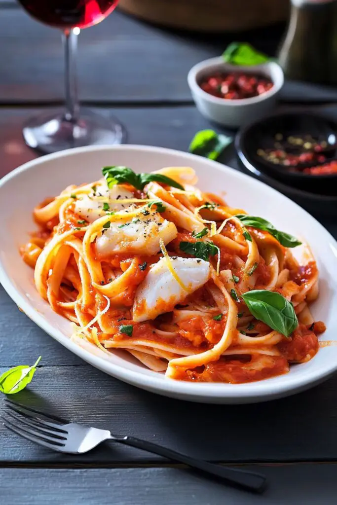 A plate of linguine pasta topped with baccalà in a light tomato sauce, an ideal dish for the Italian Christmas Eve dinner honoring the Feast of the Seven Fishes.