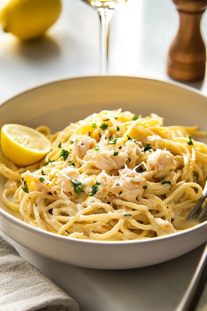 Close-up of linguine pasta in a creamy lemon butter sauce, garnished with fresh herbs, being served as part of a traditional Italian Christmas Eve dinner. This dish captures the essence of Italian seafood pasta Christmas Eve traditions with its light, citrusy flavor.