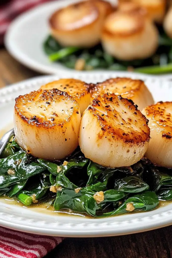 Golden seared scallops served on a bed of wilted spinach, perfect as a flavorful Italian Christmas Eve dinner dish that adds elegance and seafood flair to the holiday table.