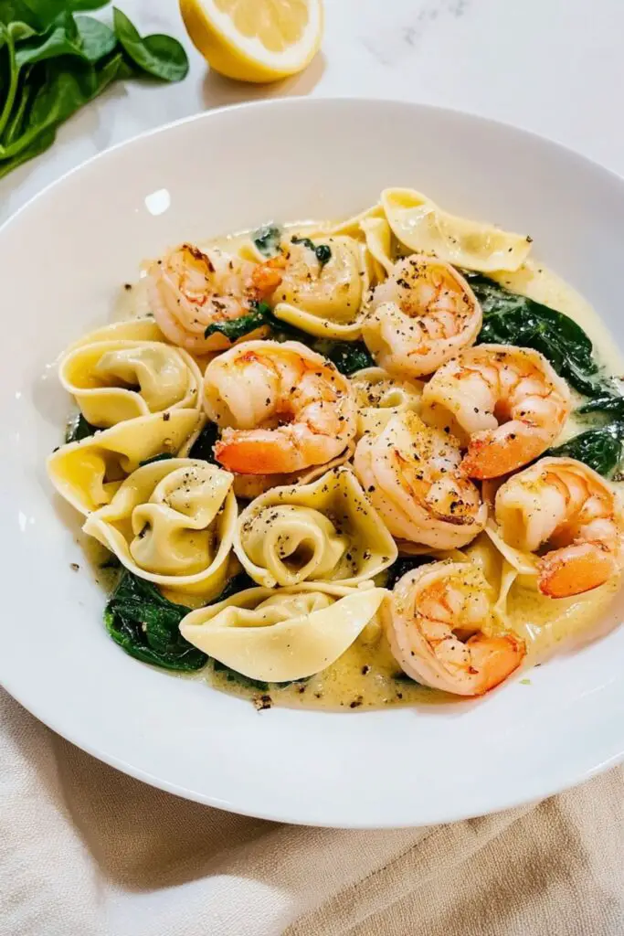 A delicious bowl of shrimp tortellini with spinach in a creamy garlic sauce, perfect as an elegant Italian Christmas Eve dinner pasta dish to enjoy during the holiday celebration.